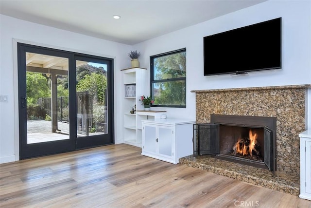 interior space featuring light hardwood / wood-style flooring and a premium fireplace