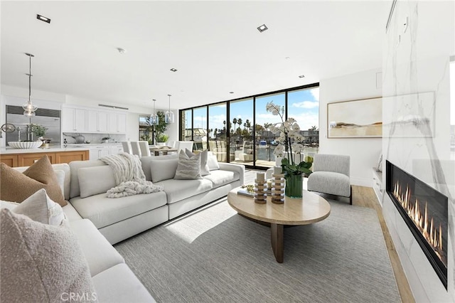 living room featuring a wealth of natural light, light hardwood / wood-style flooring, and expansive windows