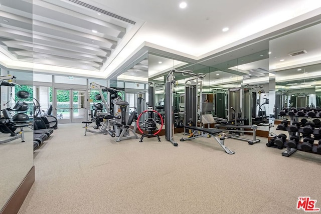 gym featuring french doors and a raised ceiling