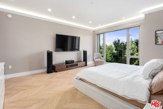 bedroom featuring crown molding and light parquet flooring