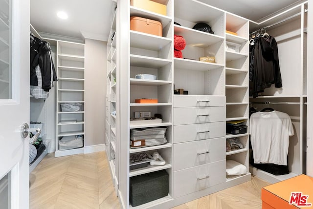 spacious closet featuring light parquet flooring