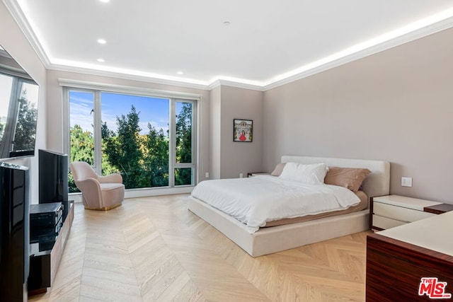 bedroom featuring light parquet floors, multiple windows, and ornamental molding