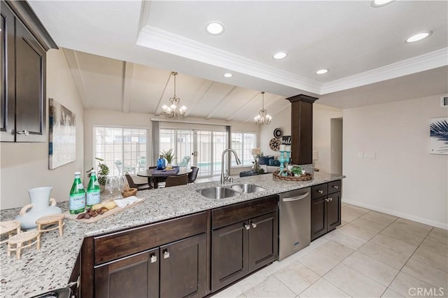 kitchen featuring stainless steel dishwasher, sink, decorative columns, a chandelier, and dark brown cabinetry