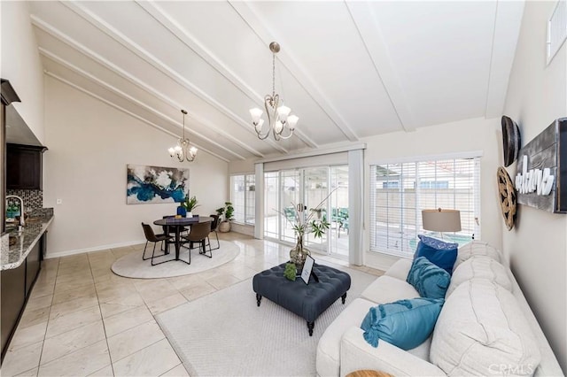 tiled living room featuring sink, a chandelier, and vaulted ceiling with beams