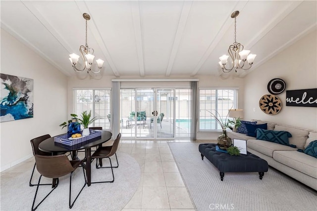 tiled dining room with lofted ceiling with beams and a notable chandelier