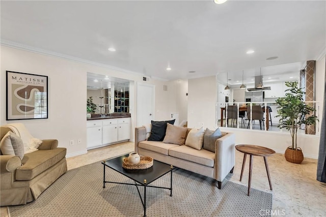 living room with sink and crown molding