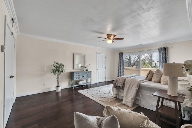 bedroom with dark wood-type flooring, ceiling fan, and ornamental molding