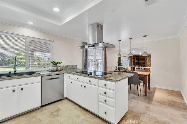 kitchen with sink, white cabinetry, dishwasher, kitchen peninsula, and island exhaust hood