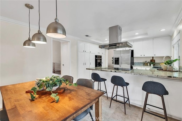 kitchen featuring stainless steel fridge with ice dispenser, island range hood, kitchen peninsula, and white cabinets