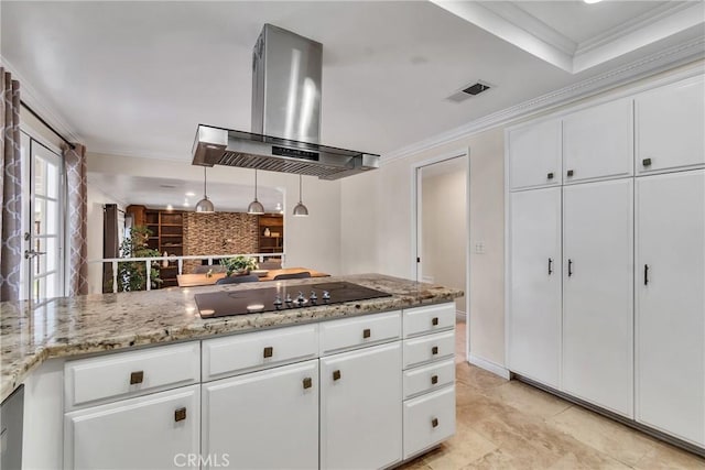 kitchen featuring crown molding, island range hood, and white cabinets