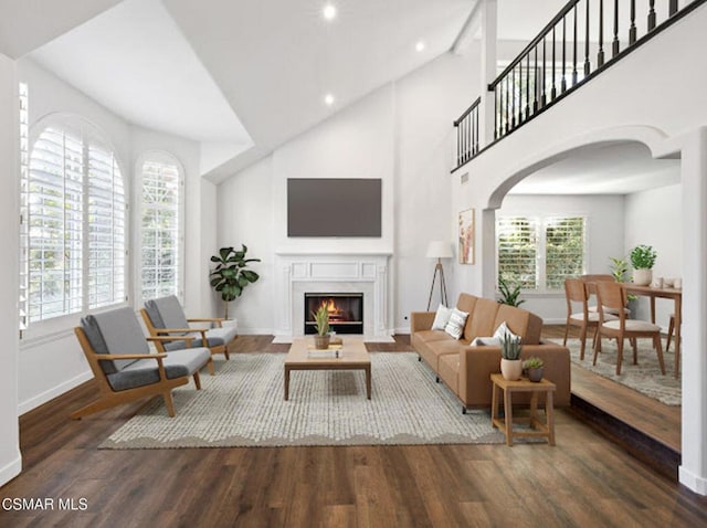 living room featuring dark wood-type flooring and high vaulted ceiling