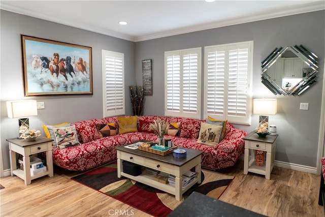 living room featuring ornamental molding and hardwood / wood-style floors