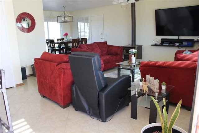 living room featuring a wood stove