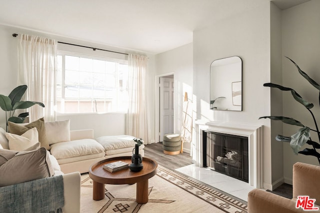 living area featuring a tiled fireplace and light wood-type flooring