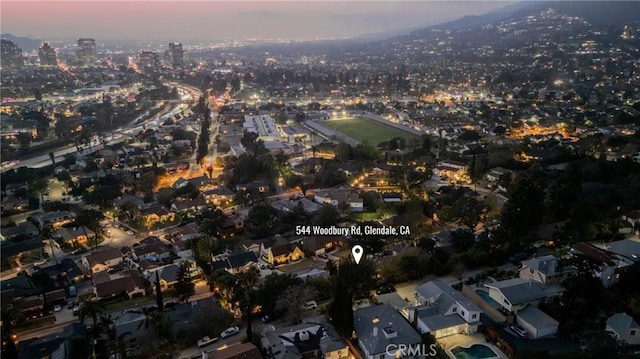 view of aerial view at dusk