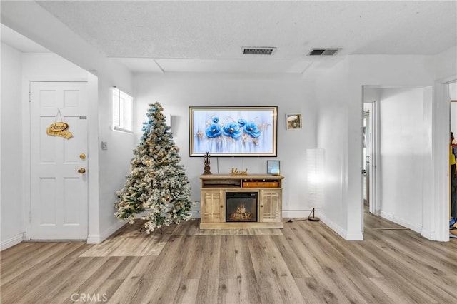 living room featuring light hardwood / wood-style floors and a textured ceiling