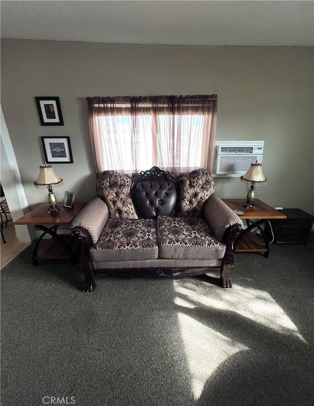 living room featuring cooling unit and carpet