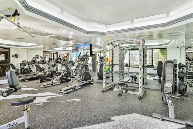 exercise room featuring ornamental molding and a raised ceiling