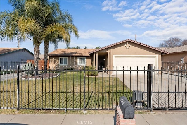 single story home with a garage and a front yard