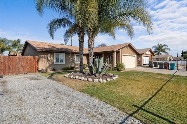 ranch-style house with a garage and a front lawn