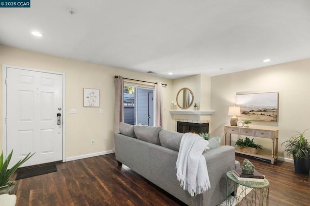 living room with dark wood-type flooring