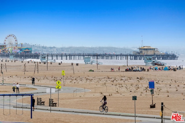 view of water feature with a beach view