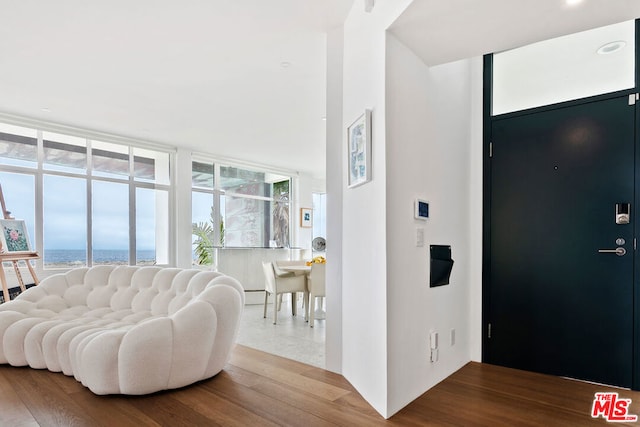 foyer with a wall of windows, a water view, and wood-type flooring