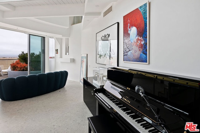 misc room with wood ceiling and beam ceiling