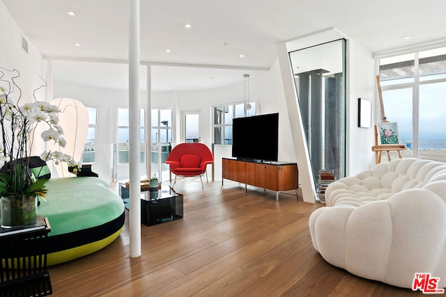 living room with hardwood / wood-style flooring and floor to ceiling windows