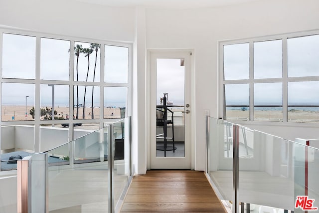 entryway featuring wood-type flooring and a water view