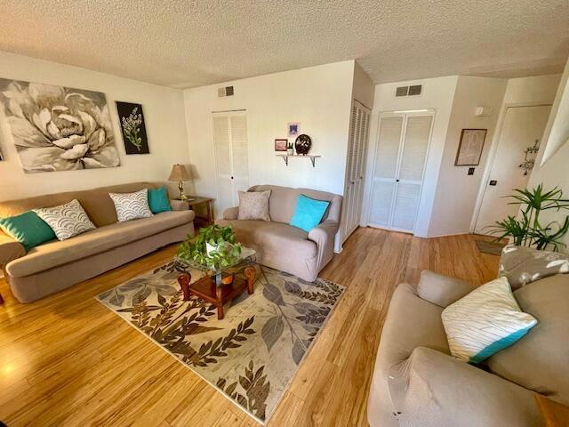 living room featuring a textured ceiling and wood-type flooring