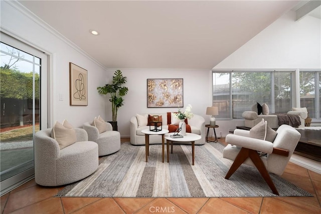 living room with vaulted ceiling, tile patterned flooring, and a wealth of natural light