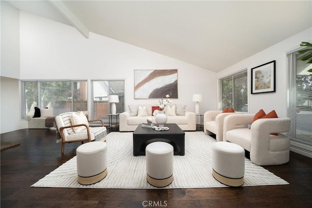 living room with dark wood-type flooring, beamed ceiling, high vaulted ceiling, and a wealth of natural light