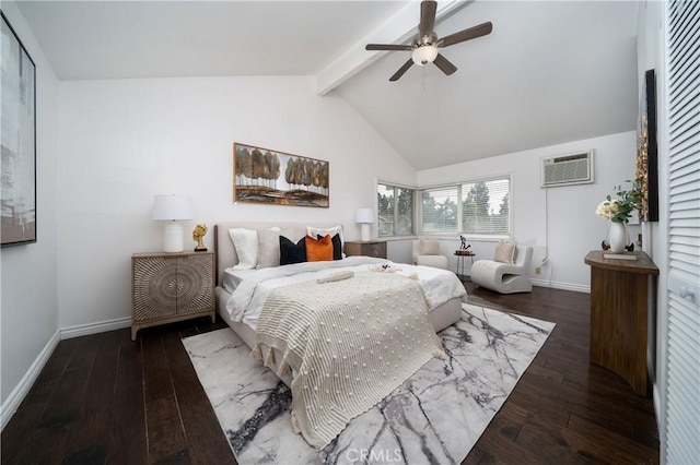 bedroom with dark hardwood / wood-style flooring, a wall mounted air conditioner, vaulted ceiling with beams, and ceiling fan