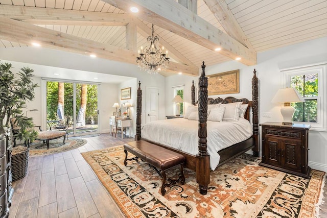 bedroom featuring access to outside, light wood-type flooring, beam ceiling, wood ceiling, and a notable chandelier