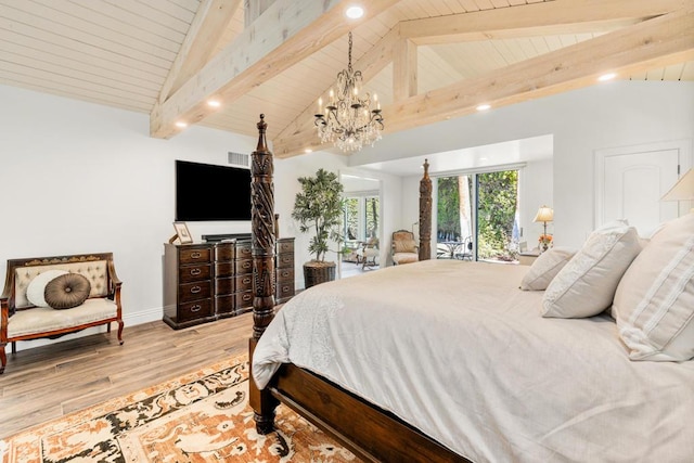 bedroom with access to outside, light wood-type flooring, vaulted ceiling with beams, and wood ceiling