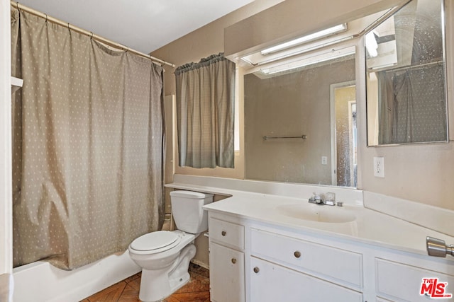 full bathroom with toilet, shower / bathtub combination with curtain, and vanity