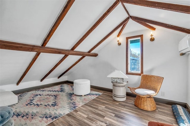 additional living space featuring a wall mounted air conditioner, hardwood / wood-style floors, and vaulted ceiling with beams