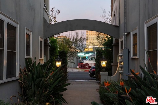 view of patio terrace at dusk