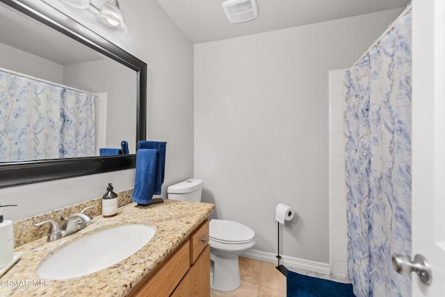 bathroom with a shower with curtain, tile patterned floors, toilet, and vanity