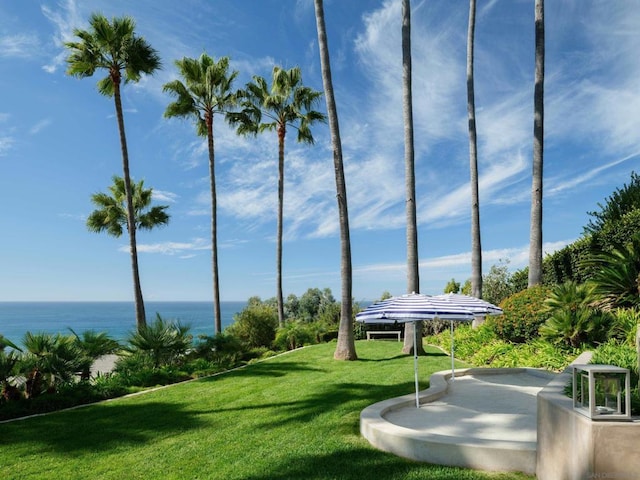 view of community with a water view and a lawn