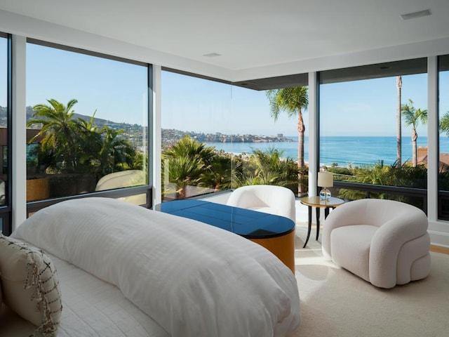 carpeted bedroom with a water view