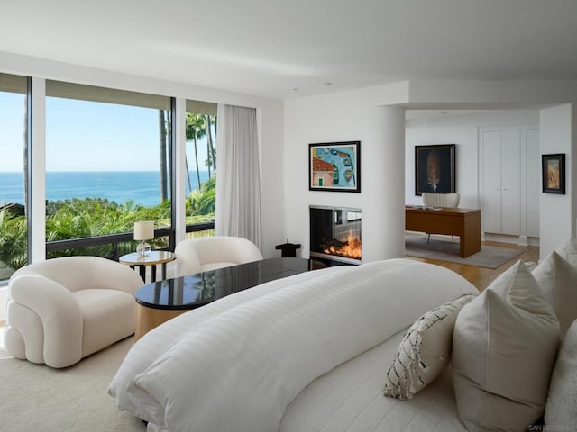 bedroom featuring a water view