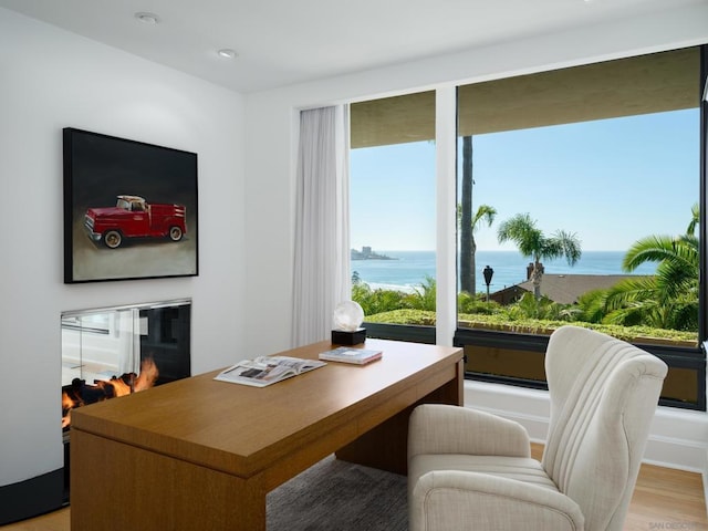 home office featuring a water view and light hardwood / wood-style flooring