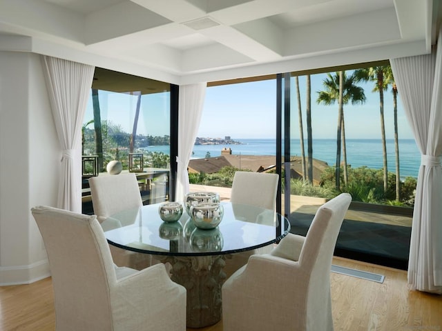 dining space featuring a water view and light hardwood / wood-style flooring