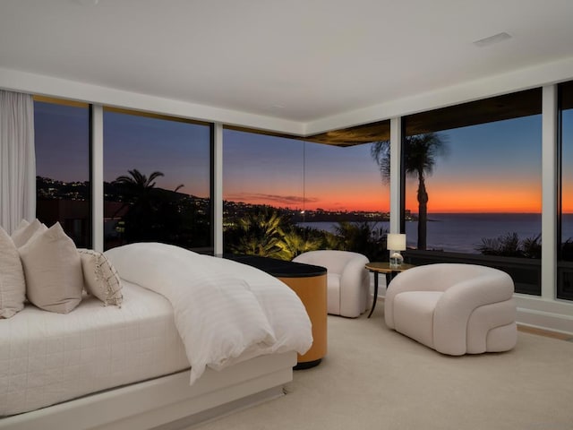 carpeted bedroom with access to exterior and a water view