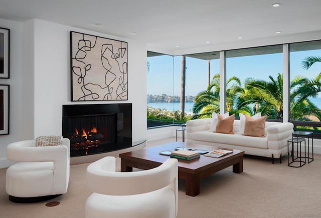 carpeted living room with a water view and a wealth of natural light