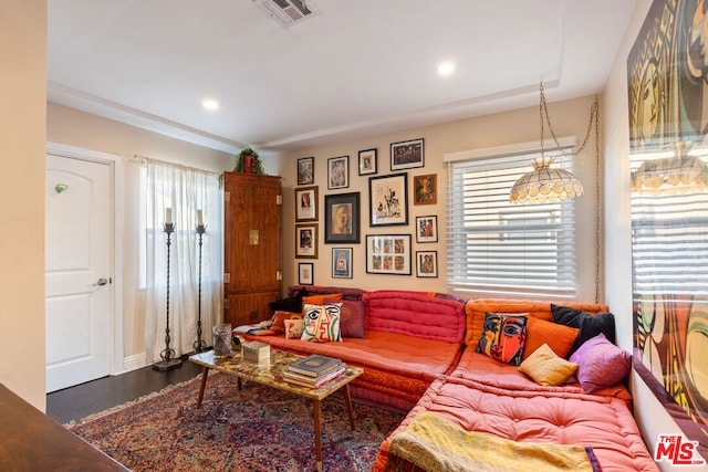 living room with dark hardwood / wood-style flooring