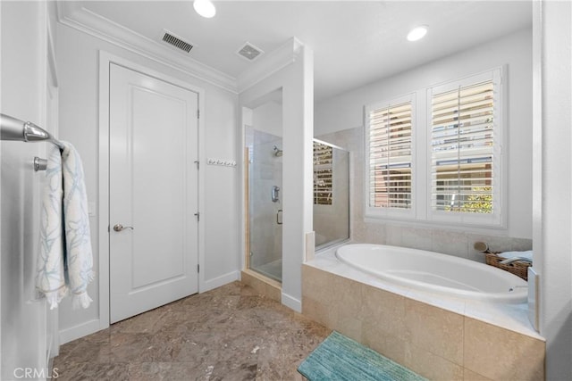 bathroom with a bath, ornamental molding, a shower stall, and visible vents