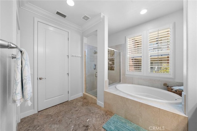 6011 Dawn Crk Unit 7, Playa Vista, CA 90094 - full bathroom featuring a stall shower, a garden tub, and ornamental molding